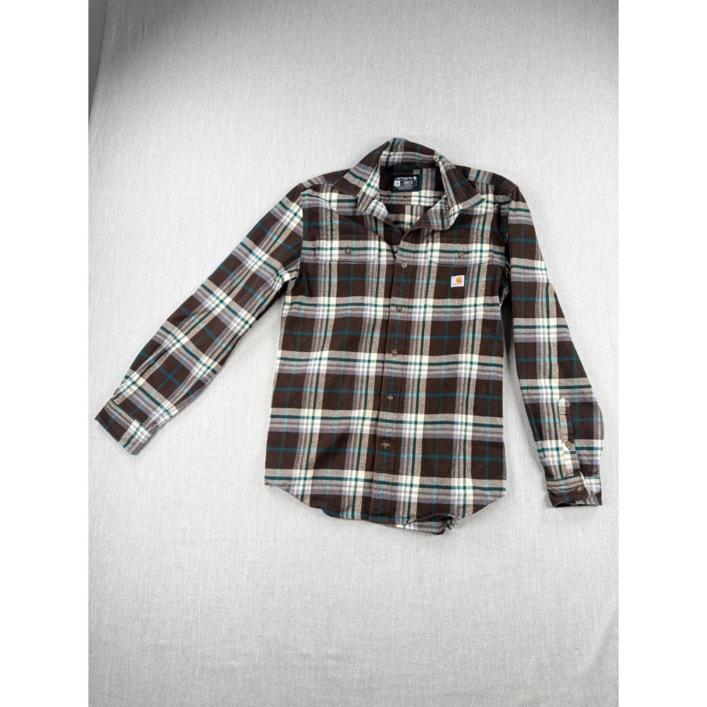 Carhartt Mens Loose Fit Flannel Plaid Shirt Brown Teal 105078 DKB Small Regular